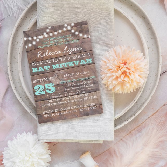 Barnwood Lights Teal Bat Mitzvah Invitation (Creator Uploaded)