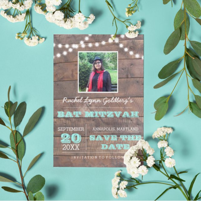 Barnwood Lights Teal Bat Mitzvah Photo Save Date Announcement Postcard (Creator Uploaded)
