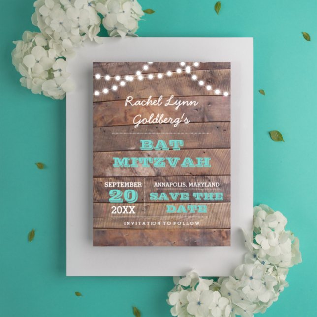 Barnwood Lights Teal Bat Mitzvah Save the Date Announcement Postcard (Creator Uploaded)