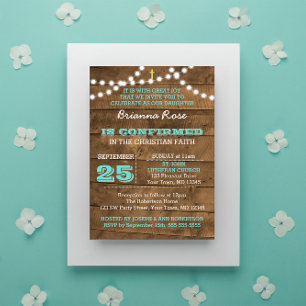 Barnwood Lights Teal Confirmation Invitation