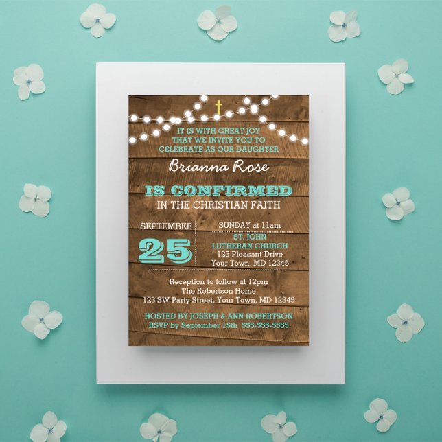 Barnwood Lights Teal Confirmation Invitation (Creator Uploaded)