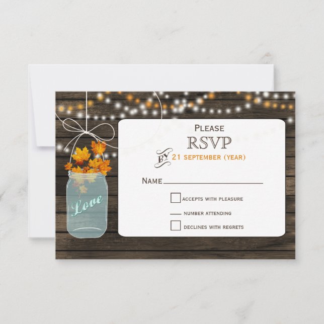 Barnwood mason jar fall wedding RSVP 3.5 x 5 (Front)
