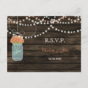Barnwood mason jars coral wedding RSVP Invitation Postcard