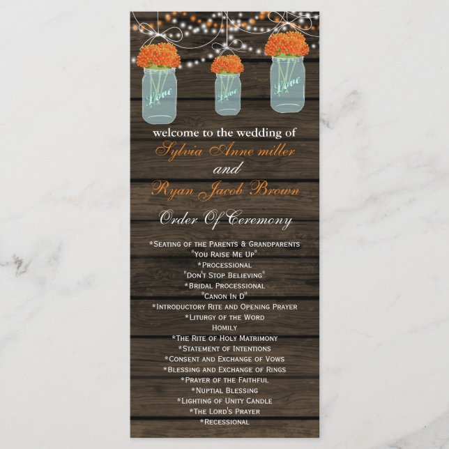 Barnwood mason jars,orange flowers programs (Front)