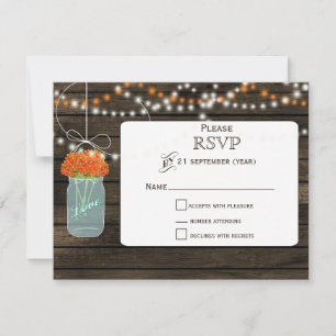 Barnwood orange flowers mason jars wedding RSVP Card