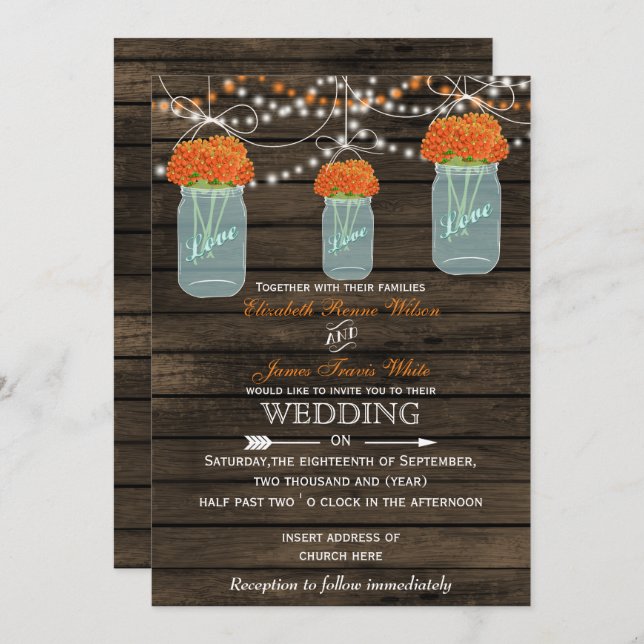 Barnwood, orange mason jar wedding invitations (Front/Back)