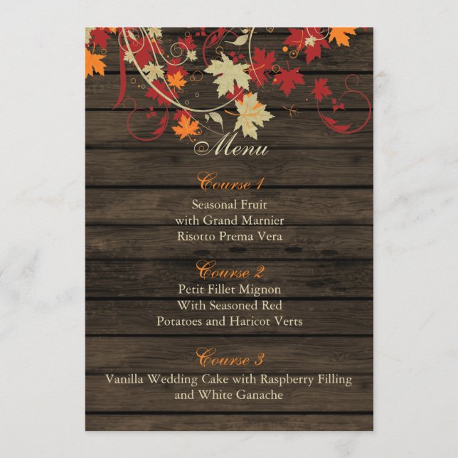 Barnwood Rustic ,fall leaves wedding menu cards (Front)