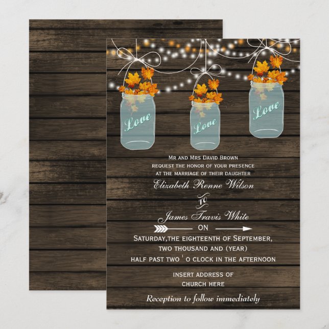 Barnwood, Rustic mason jar fall wedding invites (Front/Back)