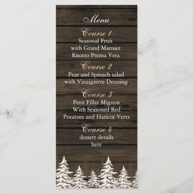 Barnwood Rustic Pine trees, wedding menu cards (Front)