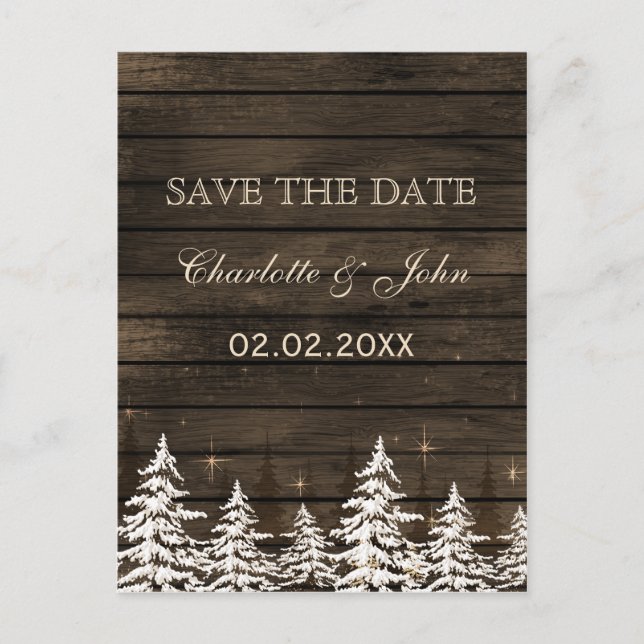 Barnwood Rustic Pine trees, winter save the date Announcement Postcard (Front)