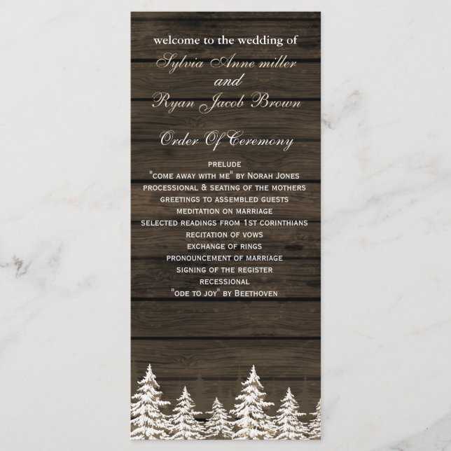 Barnwood Rustic Pine trees, winter wedding program (Front)