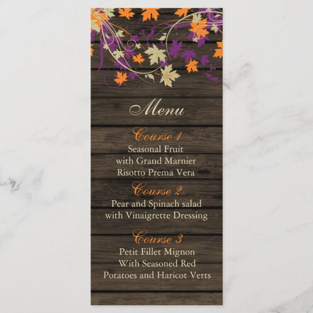 Barnwood Rustic plum fall leaves wedding menu card (Front)