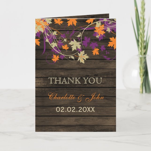 Barnwood Rustic plum fall leaves wedding Thank You (Front)