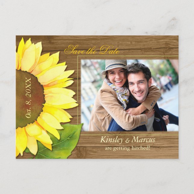 Barnwood Sunflower Photo Wedding Save the Date Announcement Postcard (Front)