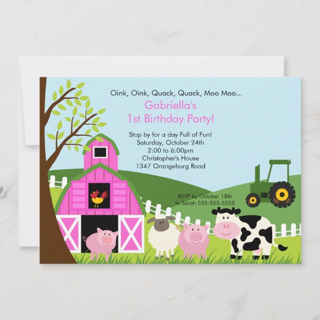 Barnyard Animal Fun Birthday Party Pink Girls Invitation (Front)