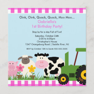 Barnyard Animal Fun Birthday Party Pink Girls Invitation