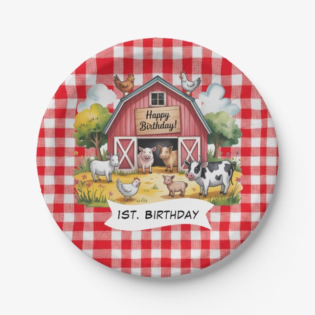 Barnyard Animals 1st. Birthday Party Paper Plate (Front)