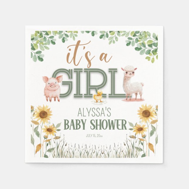 Barnyard Animals Baby Girl Baby Shower Napkin (Front)