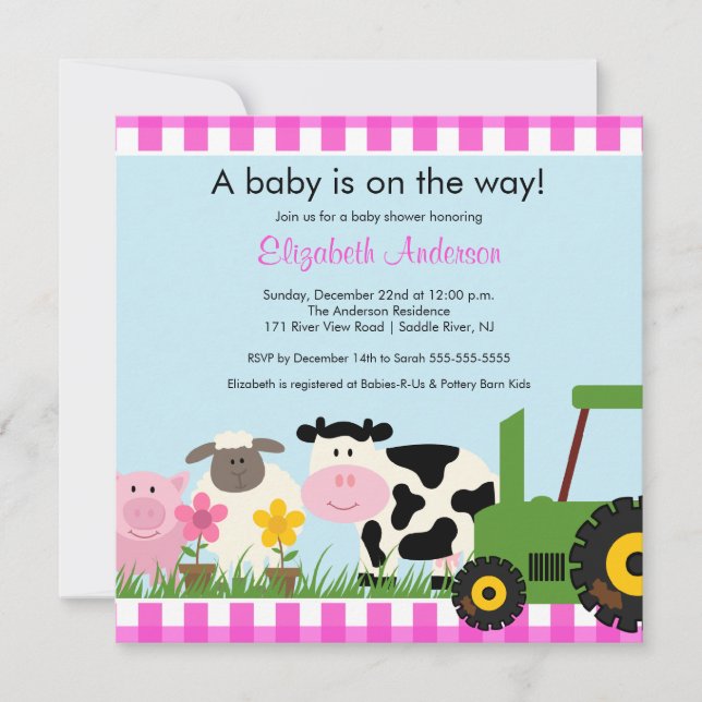 Barnyard Animals Baby Shower Invitation for Girls (Front)
