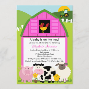 Barnyard Animals Baby Shower Invitation Pink Girls