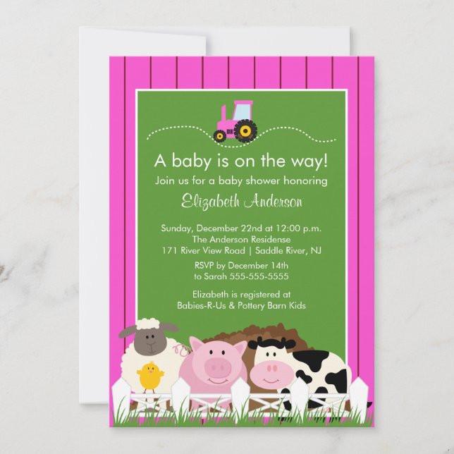 Barnyard Animals Baby Shower Invitation Pink Girls (Front)