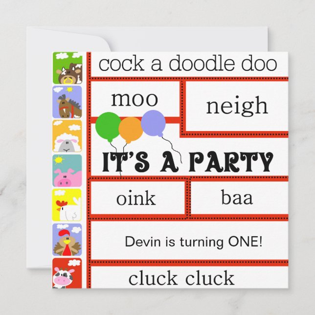 Barnyard Animals Farm Cow Pig Horse Birthday Invitation (Front)