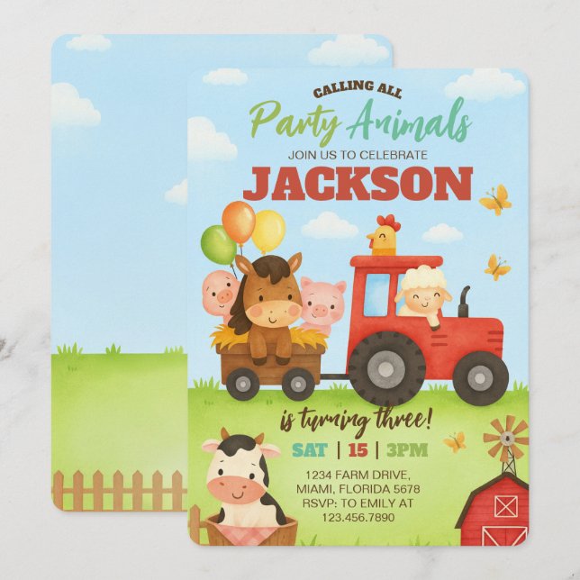 Barnyard Animals Ranch Kids Birthday Invitation (Front/Back)