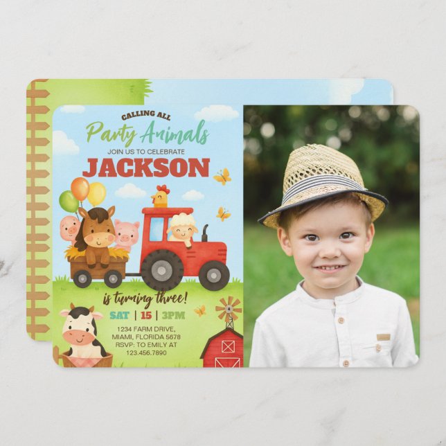 Barnyard Animals Ranch Kids Birthday Photo Invitation (Front/Back)