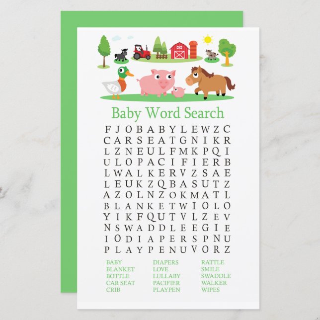 Barnyard Baby Shower Word Search Game (Front/Back)
