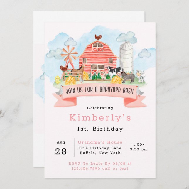 Barnyard Bash Farm Animals 1st. Birthday Party Inv Invitation (Front/Back)