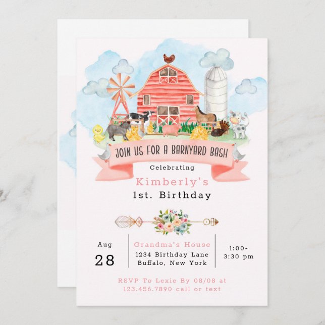 Barnyard Bash Farm Animals 1st. Birthday Party Invitation (Front/Back)