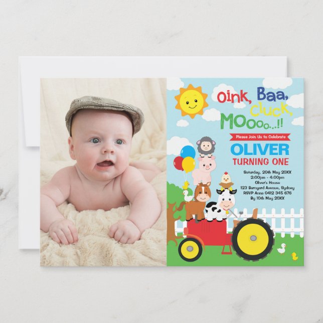 Barnyard Bash Farm Animals 1st Birthday Photo Invitation (Front)