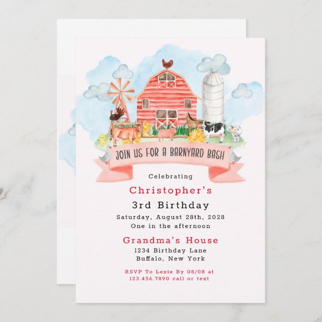 Barnyard Bash Farm Animals 3rd Birthday Party Invitation (Front/Back)