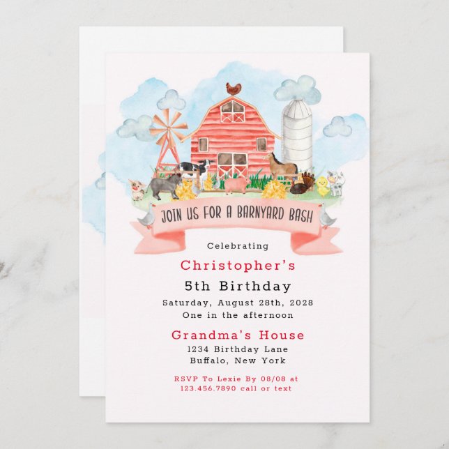 Barnyard Bash Farm Animals 5th Birthday Party Invitation (Front/Back)