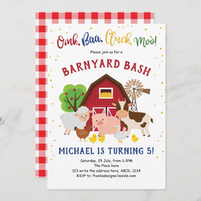 Barnyard Bash, Farm Animals, Petting Zoo, Birthday Invitation (Front/Back)