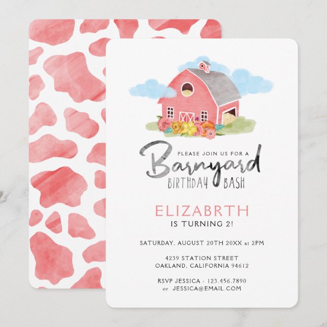 Barnyard Birthday Bash Watercolor Country Farm Invitation (Front/Back)