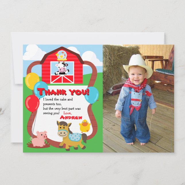 Barnyard Birthday Farm Animal Thank You with Photo (Front)
