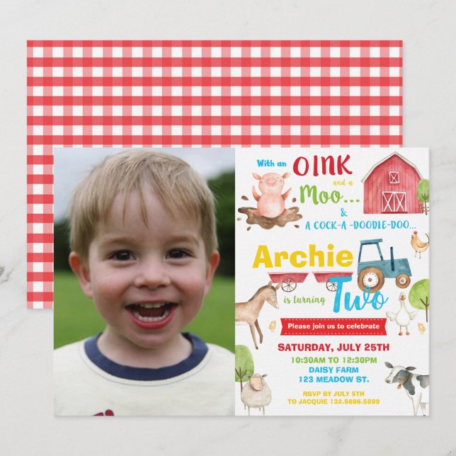 Barnyard Birthday Party Farm Animal Two 2nd Photo Invitation (Front/Back)