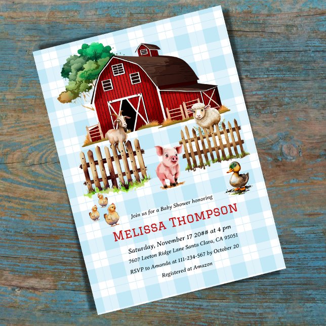 Barnyard Blue Plaid Farm Animals Baby Shower Boy Invitation (Creator Uploaded)