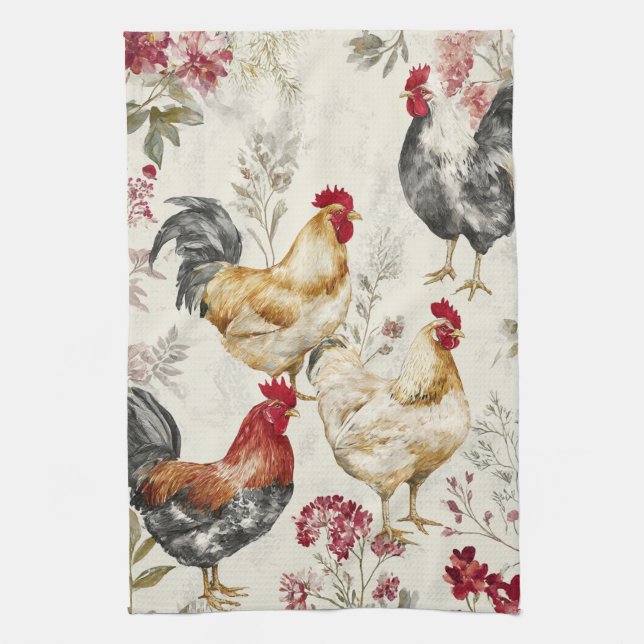 Barnyard Chickens and Botanical Pattern Design Tea Towel (Vertical)