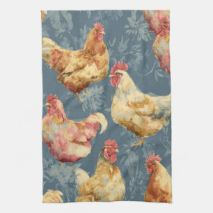 Barnyard Chickens and Botanical Pattern Design Tea Towel