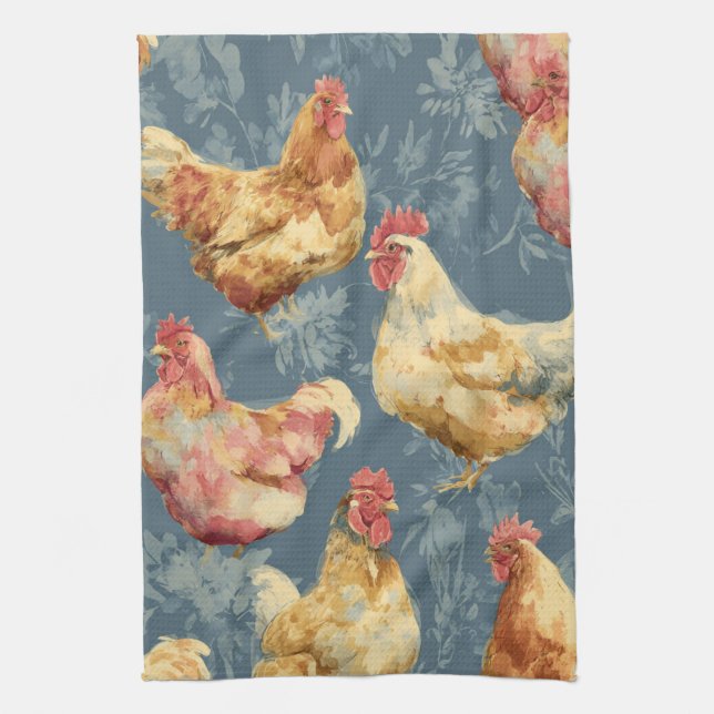 Barnyard Chickens and Botanical Pattern Design Tea Towel (Vertical)