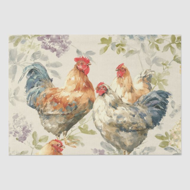 Barnyard Chickens and Botanical Pattern  Tissue Paper (Front)