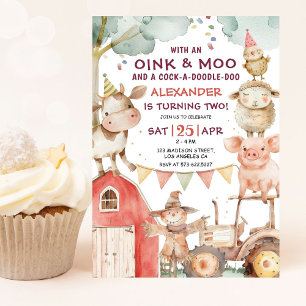 Barnyard Cute Boy Farm 2nd Birthday Invitation