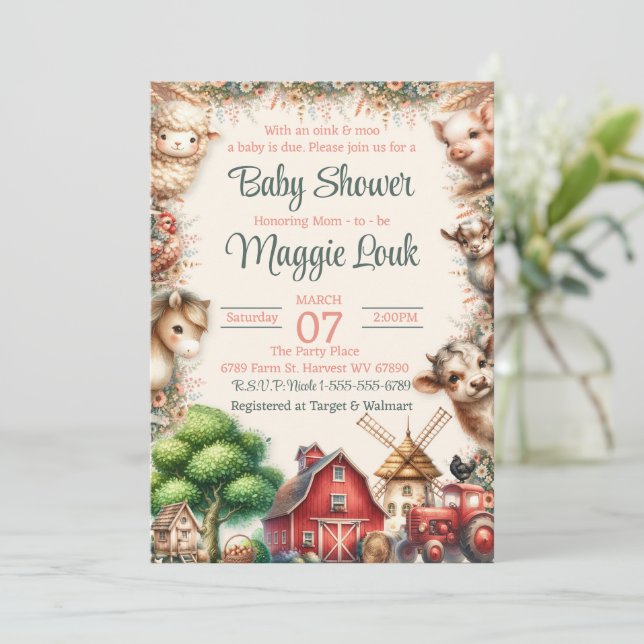 Barnyard Farm Animal Baby Shower Invitation (Standing Front)