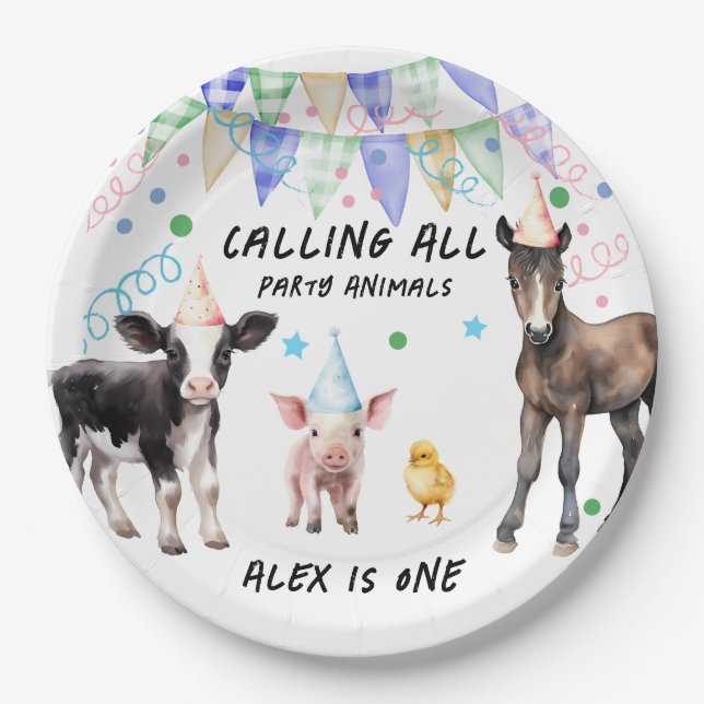Barnyard Farm Animals 1st Birthday  Paper Plate (Front)