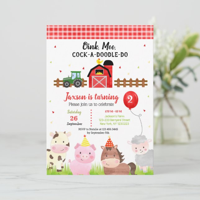 Barnyard Farm Animals 2nd Birthday Invitations (Standing Front)