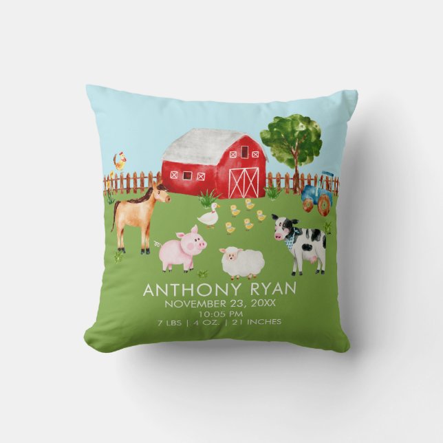 Barnyard Farm Animals Baby Birth Stats Pillow (Front)