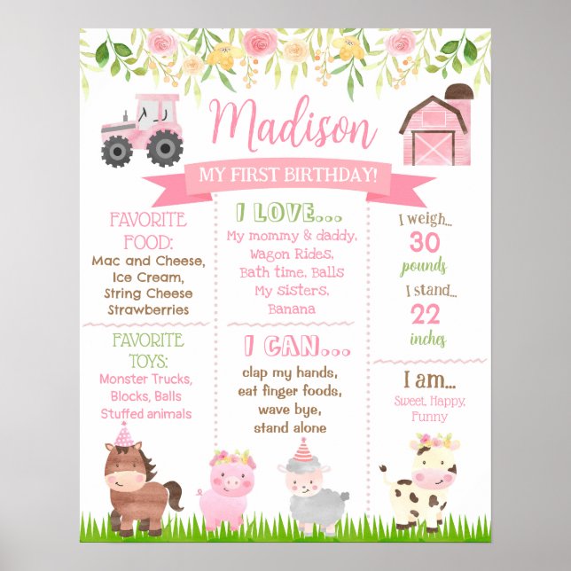 Barnyard Farm Animals Birthday Milestone Sign girl (Front)