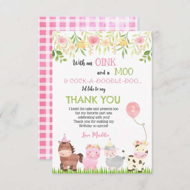 Barnyard Farm Animals Birthday Thank You Cards (Front/Back)